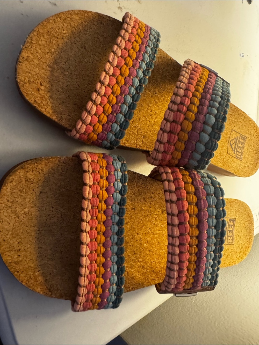 Reef Multicolor Braided Cork Slide Sandals - Pink/Blue/Yellow